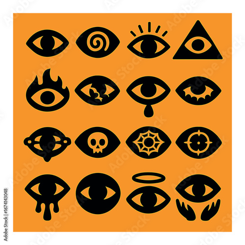Silhouette eye icon set featuring spiral, seeing eye, crying, sacred, flame, skull, and more designs