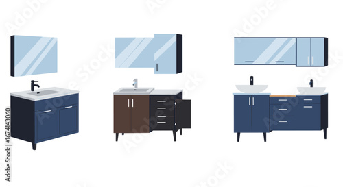 Modern bathroom vanities with sinks and mirrors in simple flat design