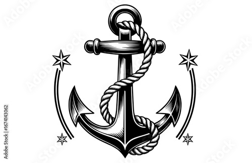 Vintage style marine anchor with rope and stars, great for nautical branding, logos, t-shirts, and apparel design