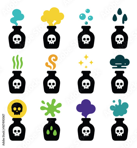 Silhouette potion icon set featuring skull, smoke, sparkles, cloud, drops, and swirl