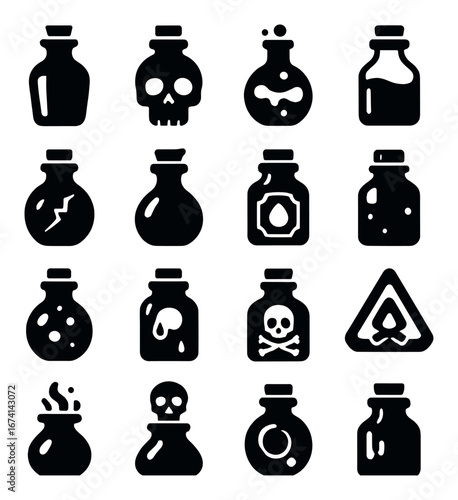 Silhouette potion icon set featuring skull, bottle, poison, elixir, and chemical symbols