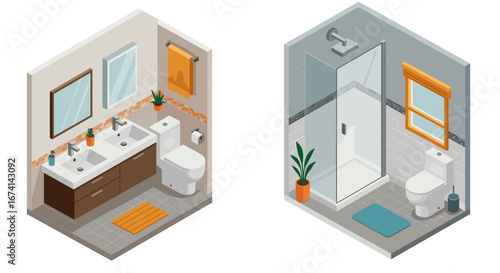 Modern isometric bathroom design with furniture and accessories
