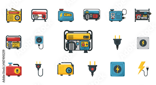 Colorful flat generator and power plug icons for energy and electronics projects
