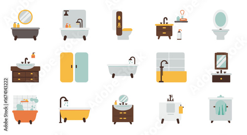 Modern flat style bathroom icons collection featuring bathtubs and sinks