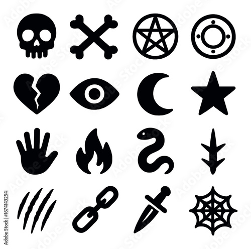 Silhouette mystical icon set featuring skull, pentagram, heart, eye, moon, star, hand, flame, snake, dagger