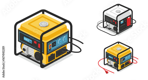 Isometric portable generator set with digital display in multiple color variations and electrical cables