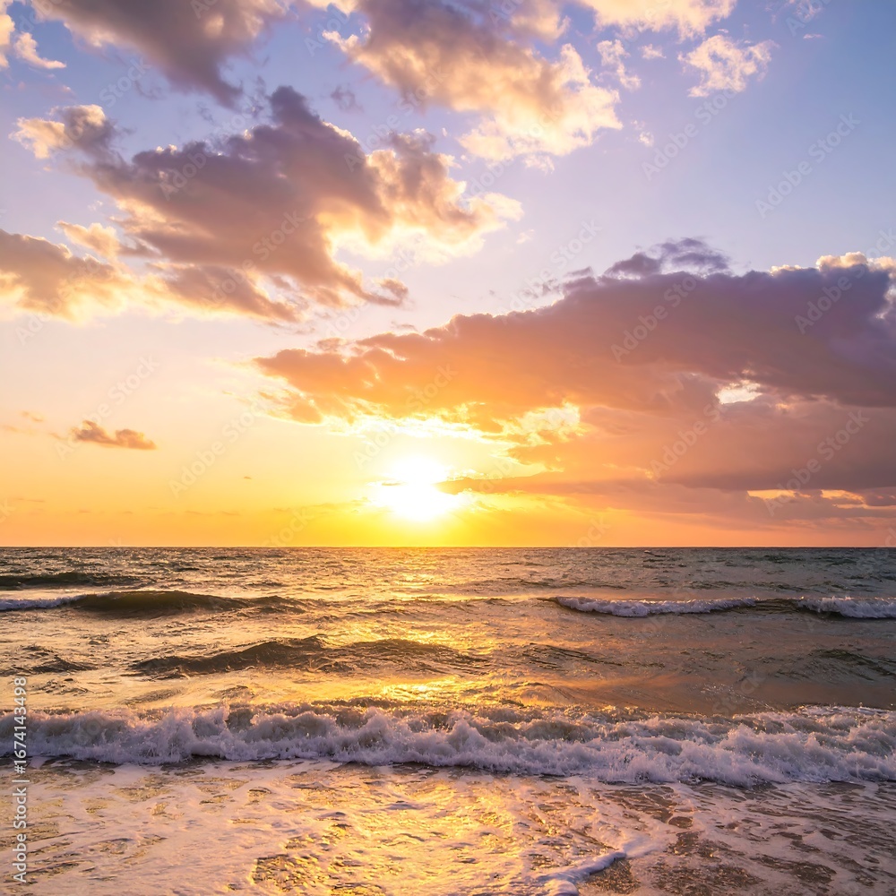 Obraz premium A breathtaking coastal sunset paints the sky in vibrant hues of orange, pink, and purple, as waves gently lap at the shore.