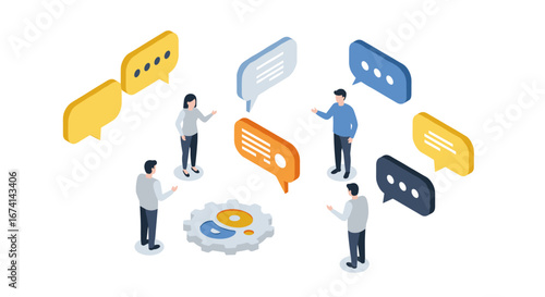 Collaborative teamwork concept with isometric speech bubbles and people
