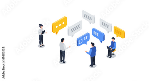 Isometric business team engaged in group communication with speech bubbles