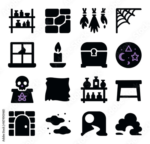 Silhouette halloween icon set featuring potions, cobwebs, skulls, and moon symbols