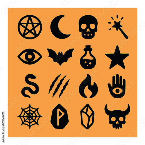 Silhouette halloween icon set featuring pentagram, moon, skull, wand, eye, bat, potion, star, snake, flame
