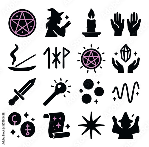 Silhouette magic icon set featuring pentagram, wizard, candle, incense, crystals, and spells