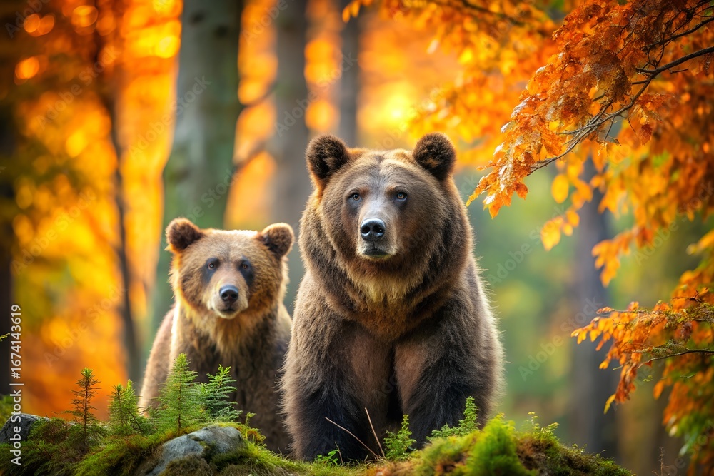 Obraz premium Two brown bears in a forest setting during autumn, with vibrant orange and yellow foliage in the background
