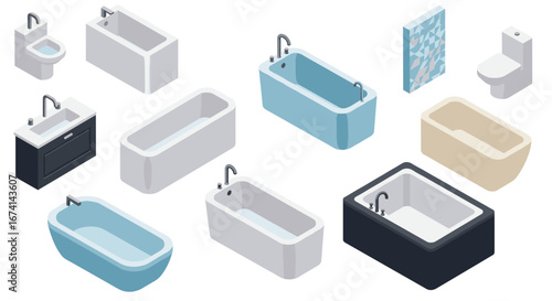 Isometric bathroom fixtures: modern bathtubs and sinks for interior design