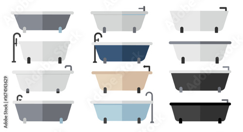 Flat minimalistic bathtub set in various colors and designs for interior design inspiration