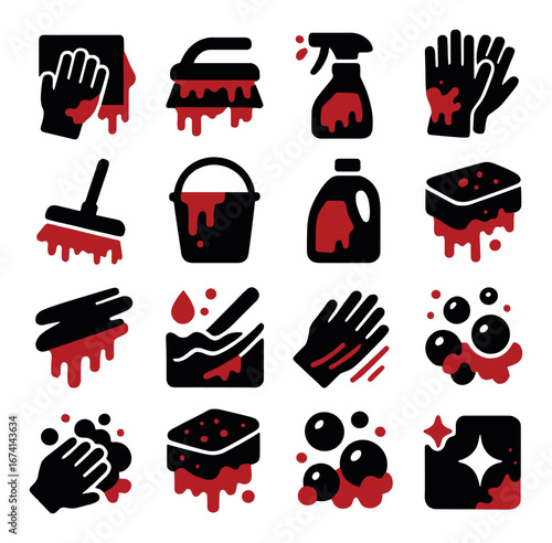Silhouette horror cleaning icon set featuring blood, mop, spray, gloves, bucket, sponge, bubbles