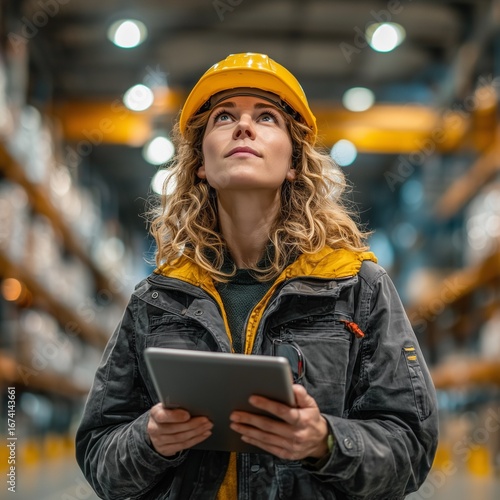A girl in a yellow hard hat with a tablet works in a warehouse.