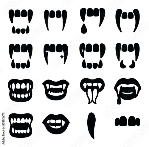 Silhouette vampire teeth icon set featuring fangs, lips, bite, smile, tongue, and droplet symbols