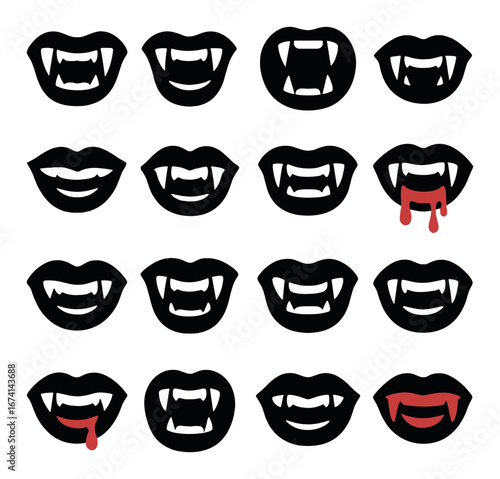 Silhouette halloween icon set featuring vampire mouth, fangs, lips, and blood drip symbols
