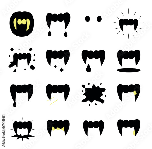 Silhouette halloween icon set featuring vampire mouth, teeth, fangs, blood, bats, kiss, stars