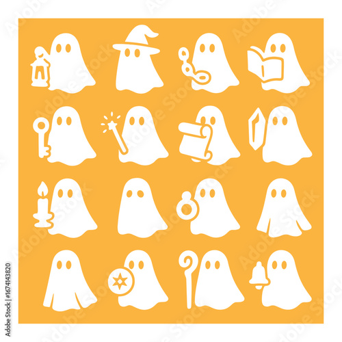 Silhouette halloween icon set featuring ghosts, witch hat, lantern, magic wand, book, candle, crystal, key