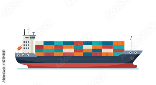 Flat container ship design with colorful cargo containers on calm sea