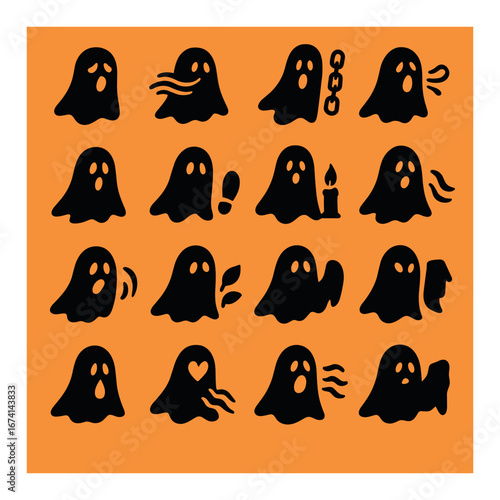 Silhouette halloween icon set featuring ghosts with chains, candles, leaves, and books