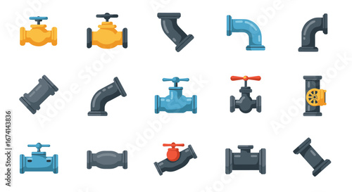 Colorful cartoon pipes and valves set for plumbing projects
