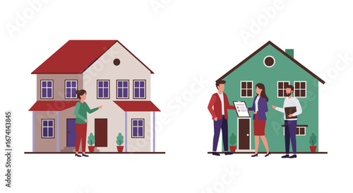 Real estate discussion outside suburban homes with agents and clients