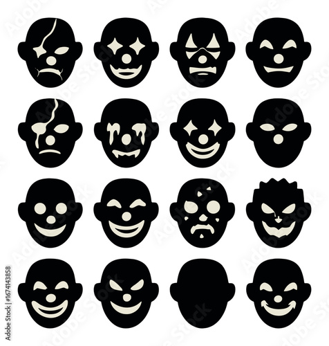 Silhouette clown icon set featuring happy, sad, angry, scary, and mischievous expressions