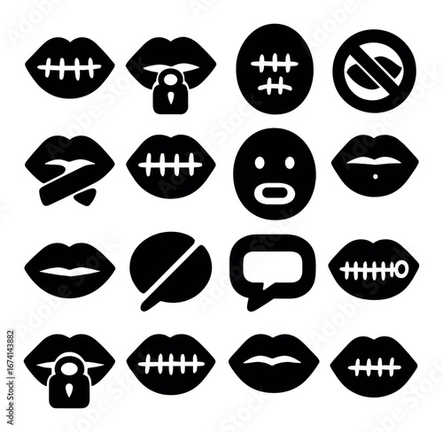 Silhouette icon set with lips, zipper mouth, padlock, prohibition, tape, emoticon, and speech bubble symbols
