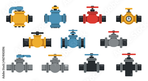 Colorful industrial pipe set with valves for plumbing and engineering projects