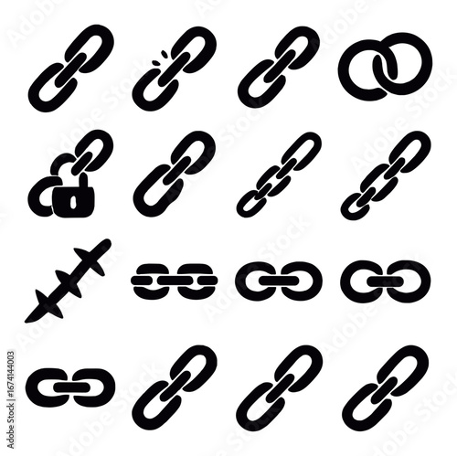 Silhouette connection icon set featuring chain, link, padlock, and barbed-wire symbols