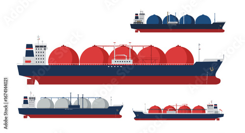 Flat design lng tankers set with red and blue color schemes for shipping and maritime concepts
