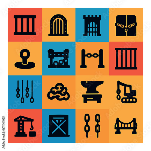 Silhouette medieval icon set featuring prison, gate, chains, anvil, catapult, and bridge symbols
