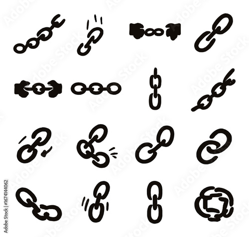 Silhouette link icon set featuring chain, connection, communication, attachment, and network symbols