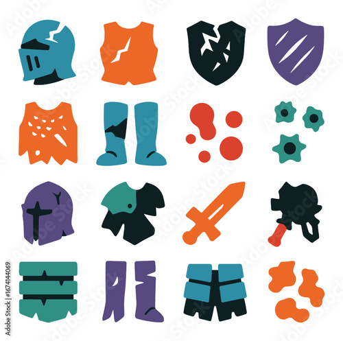 Silhouette medieval icon set featuring helmet, armor, shield, sword, boots, and battle symbols