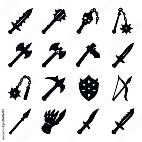 Silhouette medieval weapon icon set featuring sword, axe, mace, flail, shield, spear, bow, and dagger designs