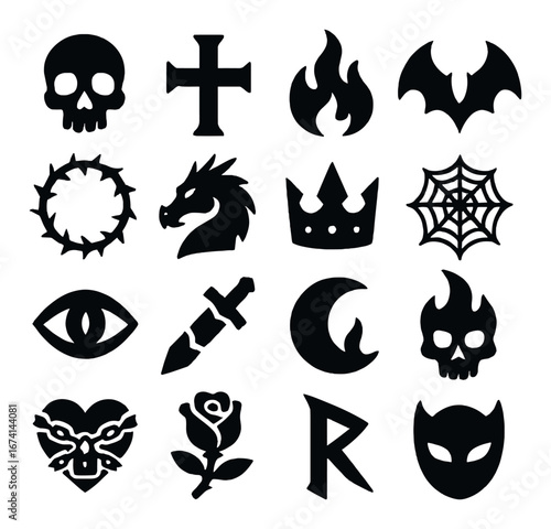 Silhouette gothic icons set featuring skull, cross, fire, bat, dragon, crown, web, eye, dagger, moon