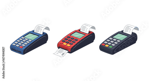 Colorful electronic payment terminals with receipts on white background