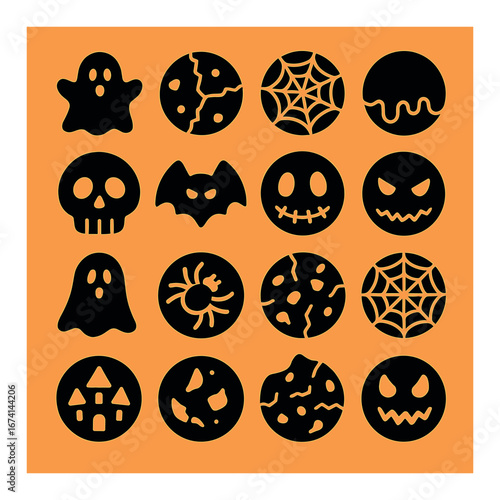 Silhouette halloween icons set featuring ghost, spider, pumpkin, skull, bat, and haunted house symbols
