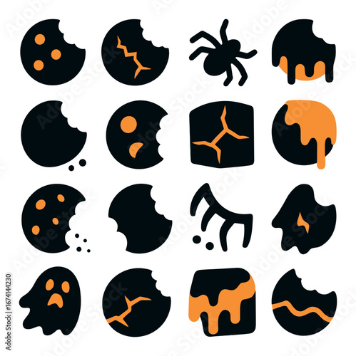 Silhouette halloween icon set featuring cookies, spider, ghost, dripping shapes, and cracks