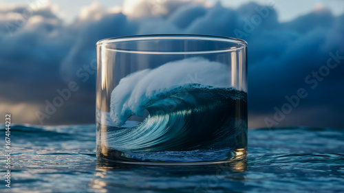 Fototapeta Naklejka Na Ścianę i Meble -  Ocean Wave Crashing Inside a Glass Tumbler Against Dramatic Sky water