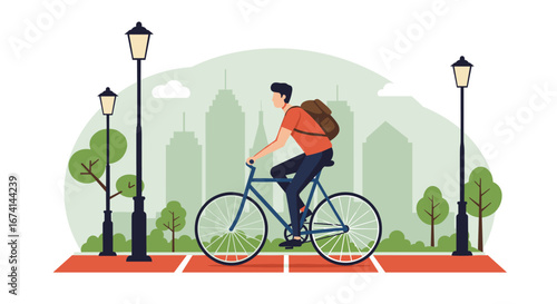 Urban cycling in city park with greenery and cityscape background