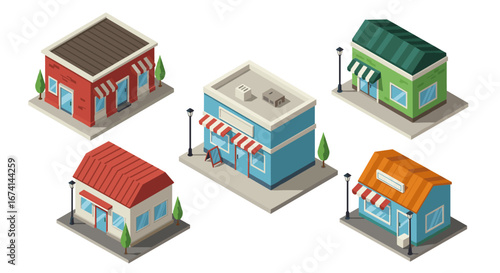 Charming isometric small town shops with colorful rooftops and street lamps