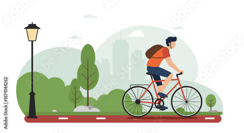 Urban cyclist in city park with greenery and skyline background