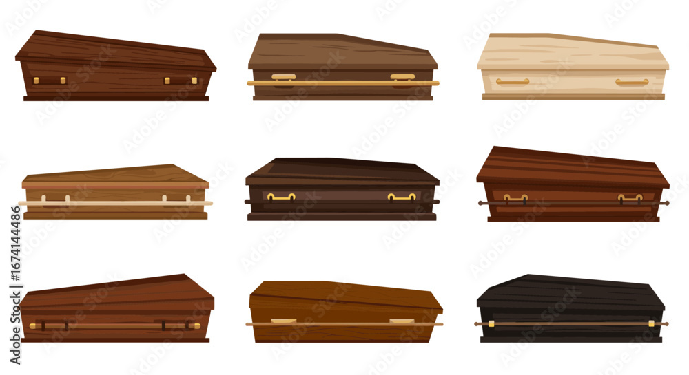 Naklejka premium Variety of wooden coffins: classic and modern designs in flat style