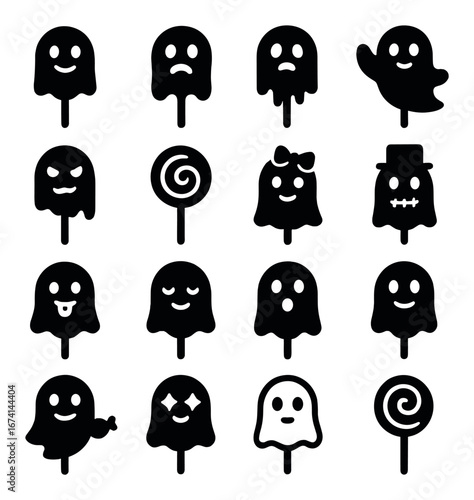 Silhouette halloween ghost icons set featuring spooky, cute, lollipop, and funny symbols