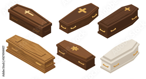 Isometric wooden coffins set with handles and cross designs