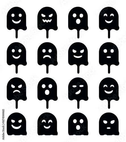 Silhouette halloween icon set featuring ghost emotions: happy, angry, sad, surprised, mischievous, scared